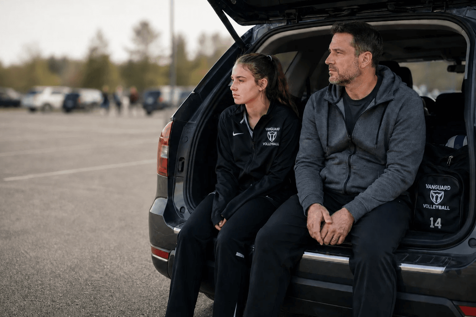 A father and his young athlete sitting together at the back of their car after a game
